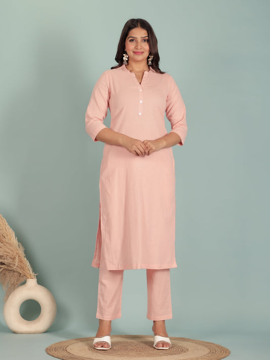 Linen Cotton Solid Straight Pink Kurta