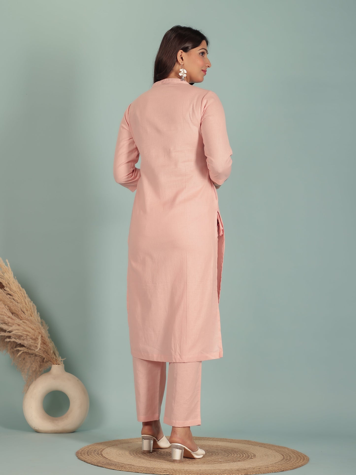 Linen Cotton Solid Straight Pink Kurta