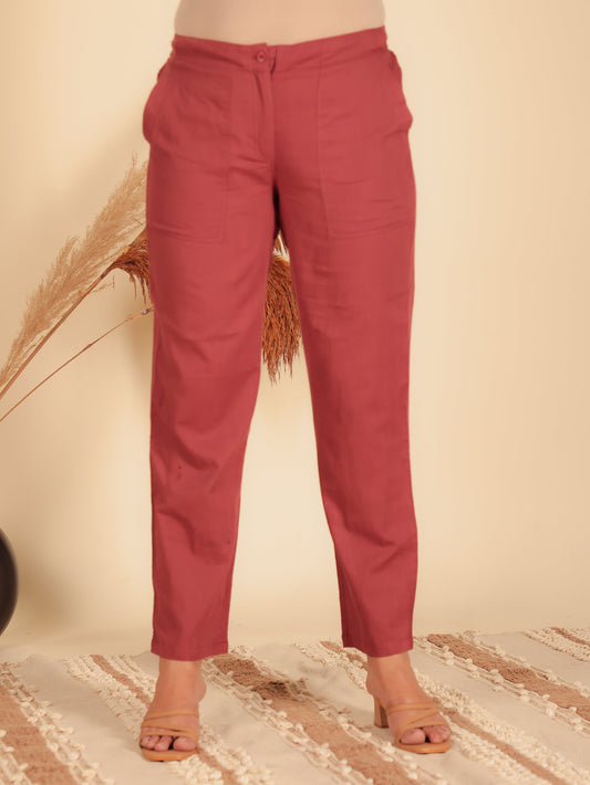 Natural Cotton Solid Maroon Tapered Trousers