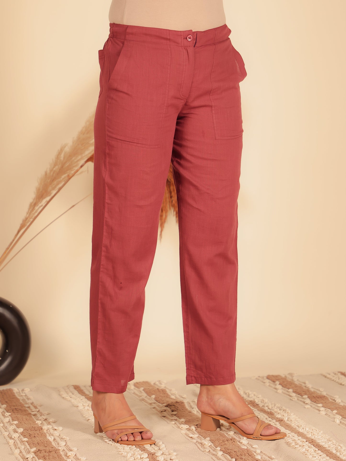 Natural Cotton Solid Maroon Tapered Trousers