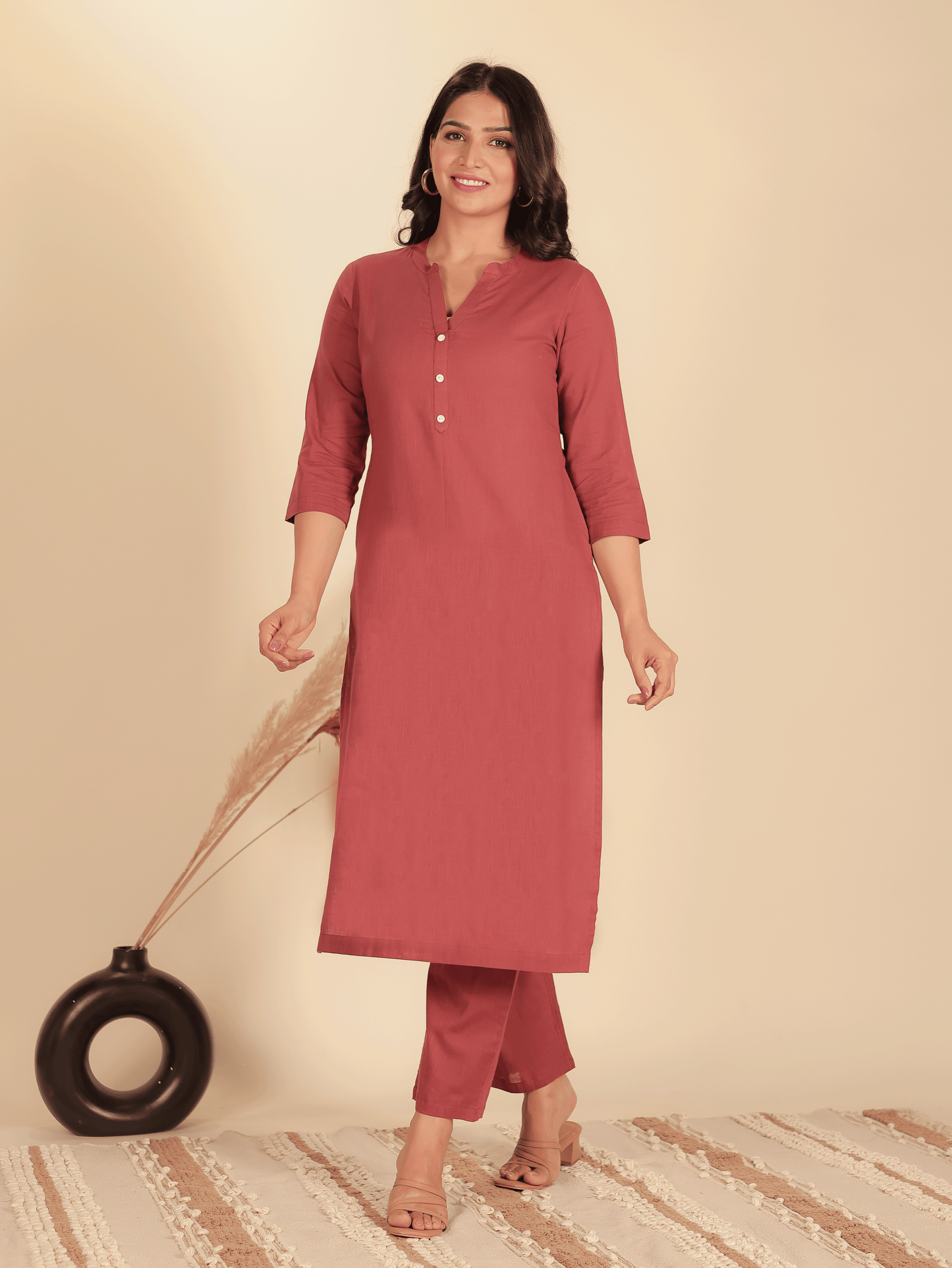 Natural Cotton Solid Straight Maroon Kurta