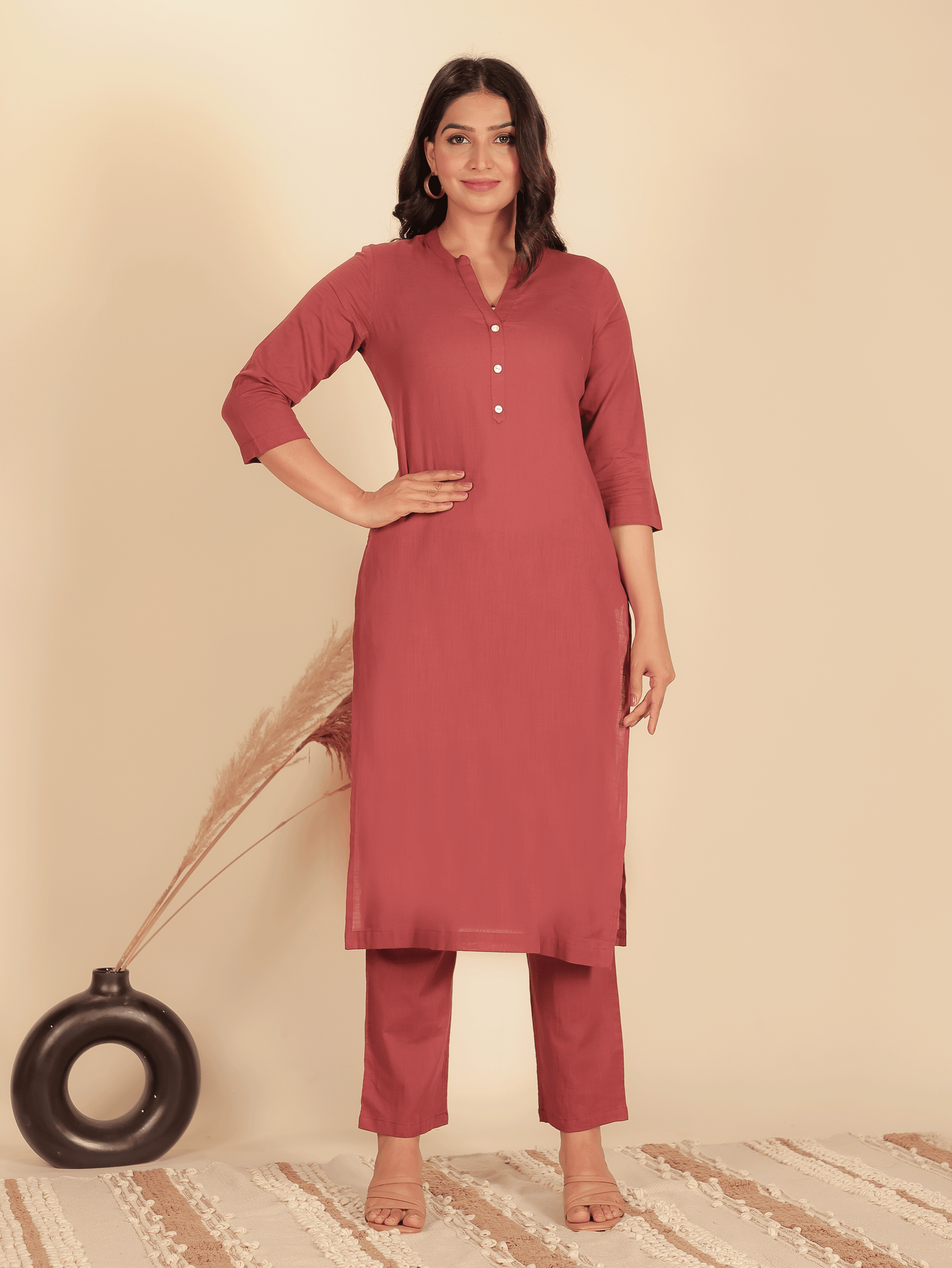 Natural Cotton Solid Straight Maroon Kurta
