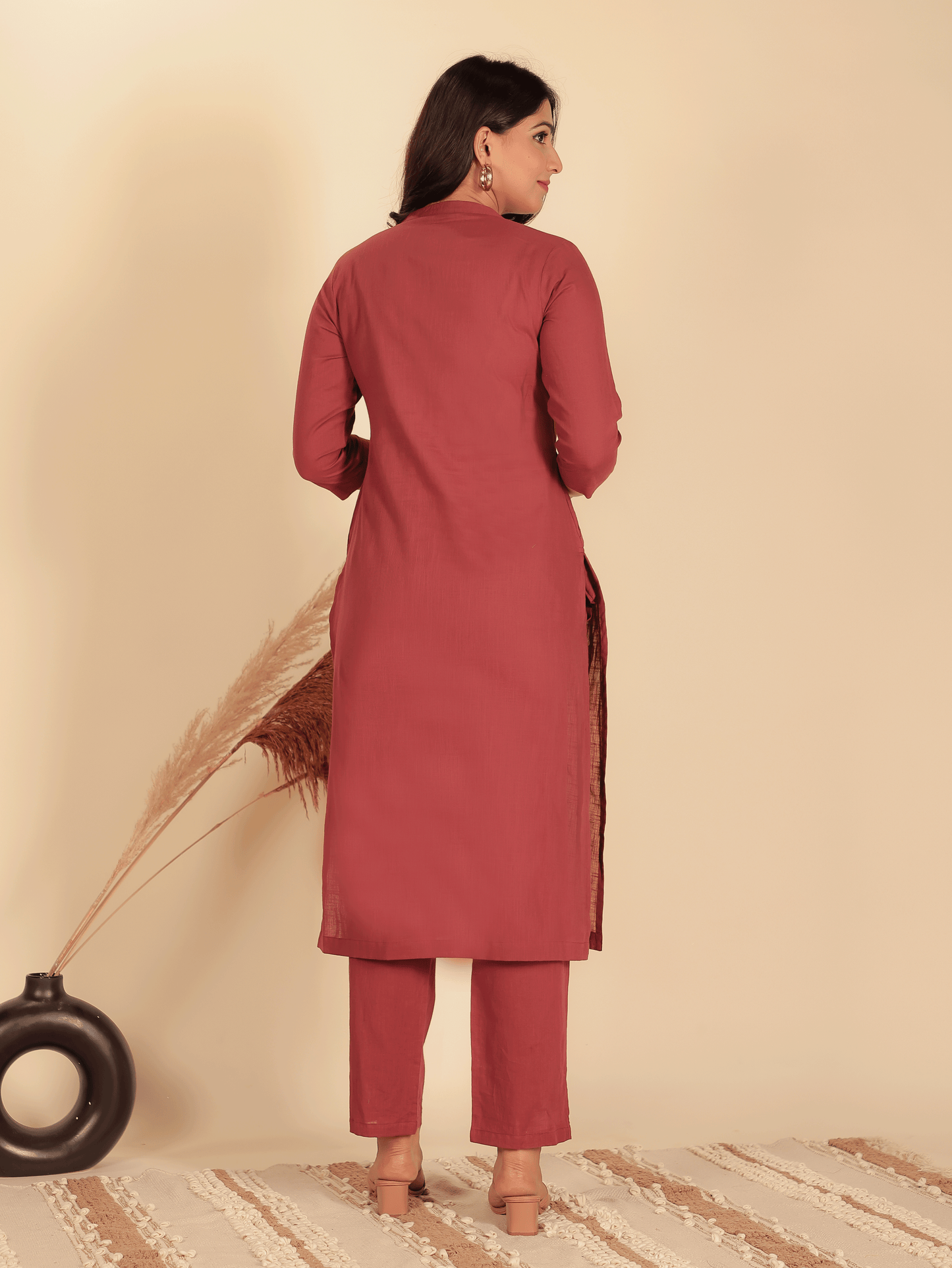 Natural Cotton Solid Straight Maroon Kurta
