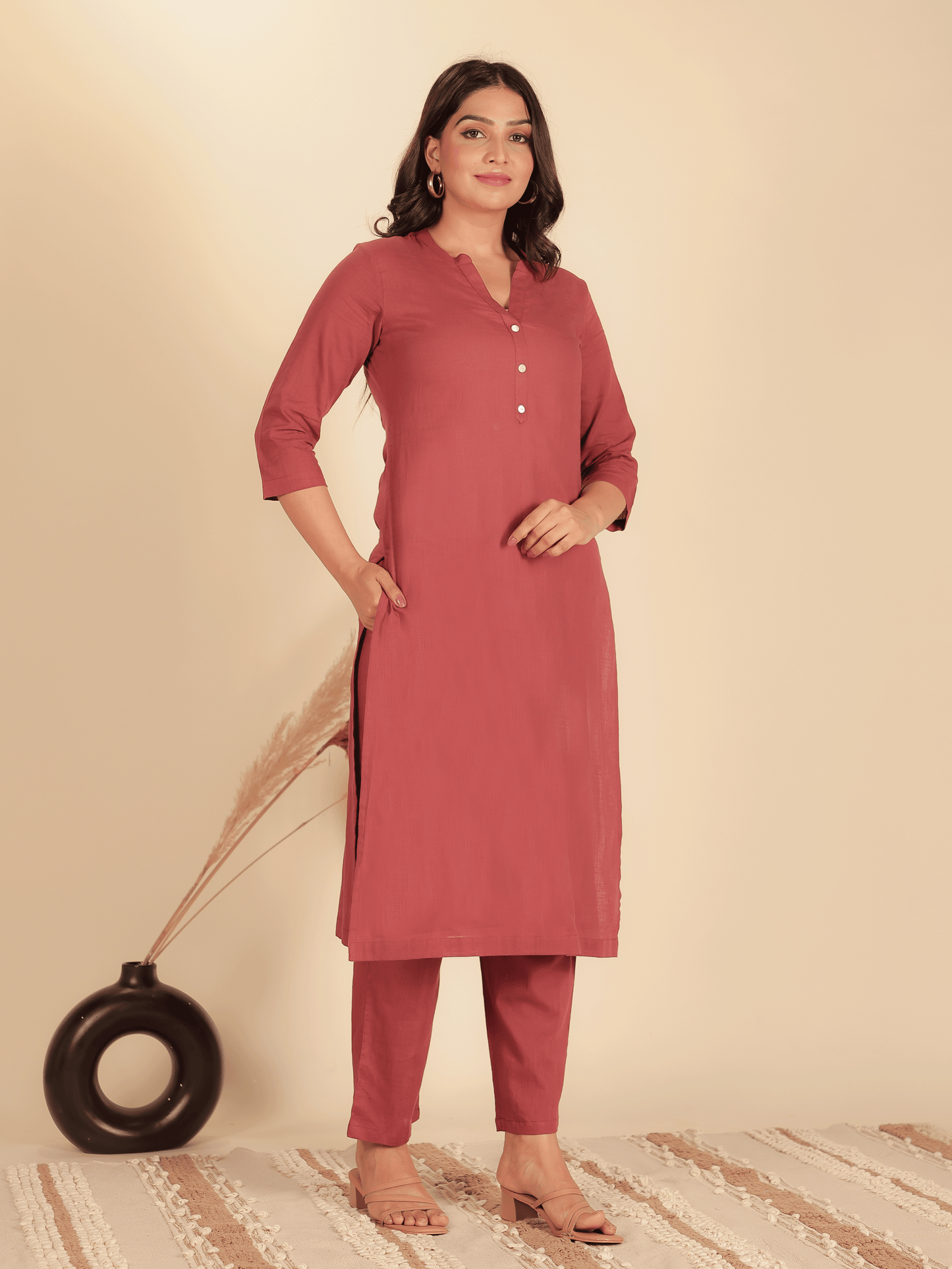 Natural Cotton Solid Straight Maroon Kurta