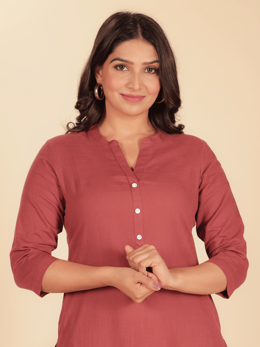 Natural Cotton Solid Straight Maroon Kurta