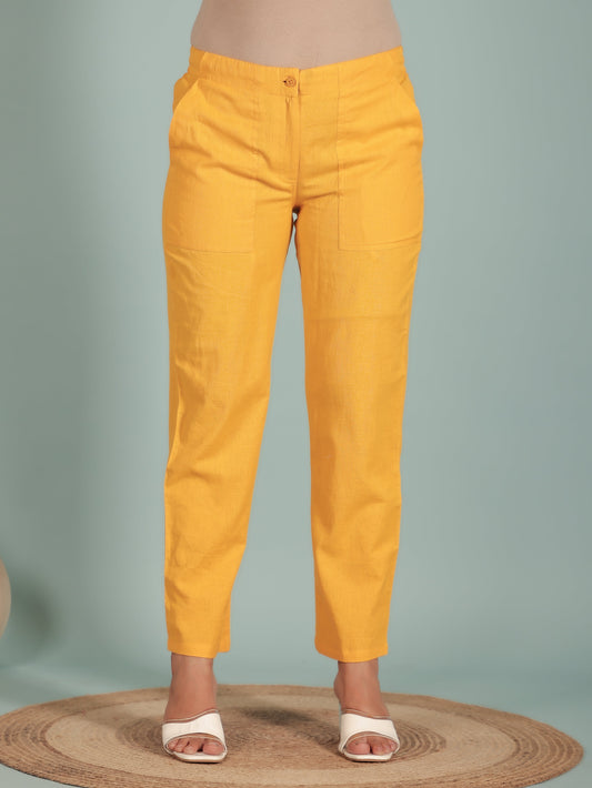 Natural Cotton Solid Yellow Tapered Trousers