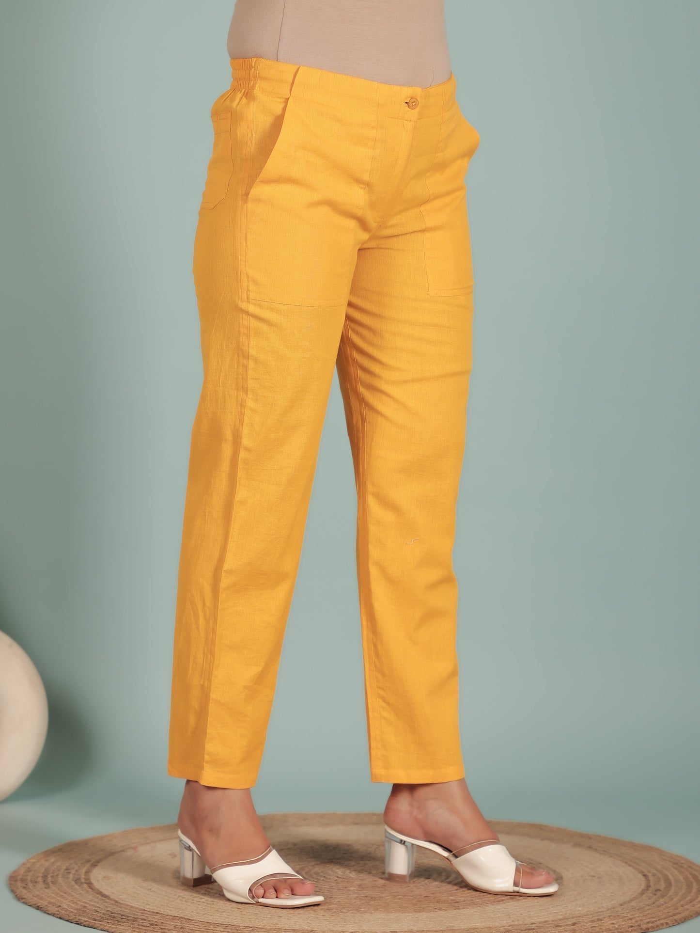 Natural Cotton Solid Yellow Tapered Trousers