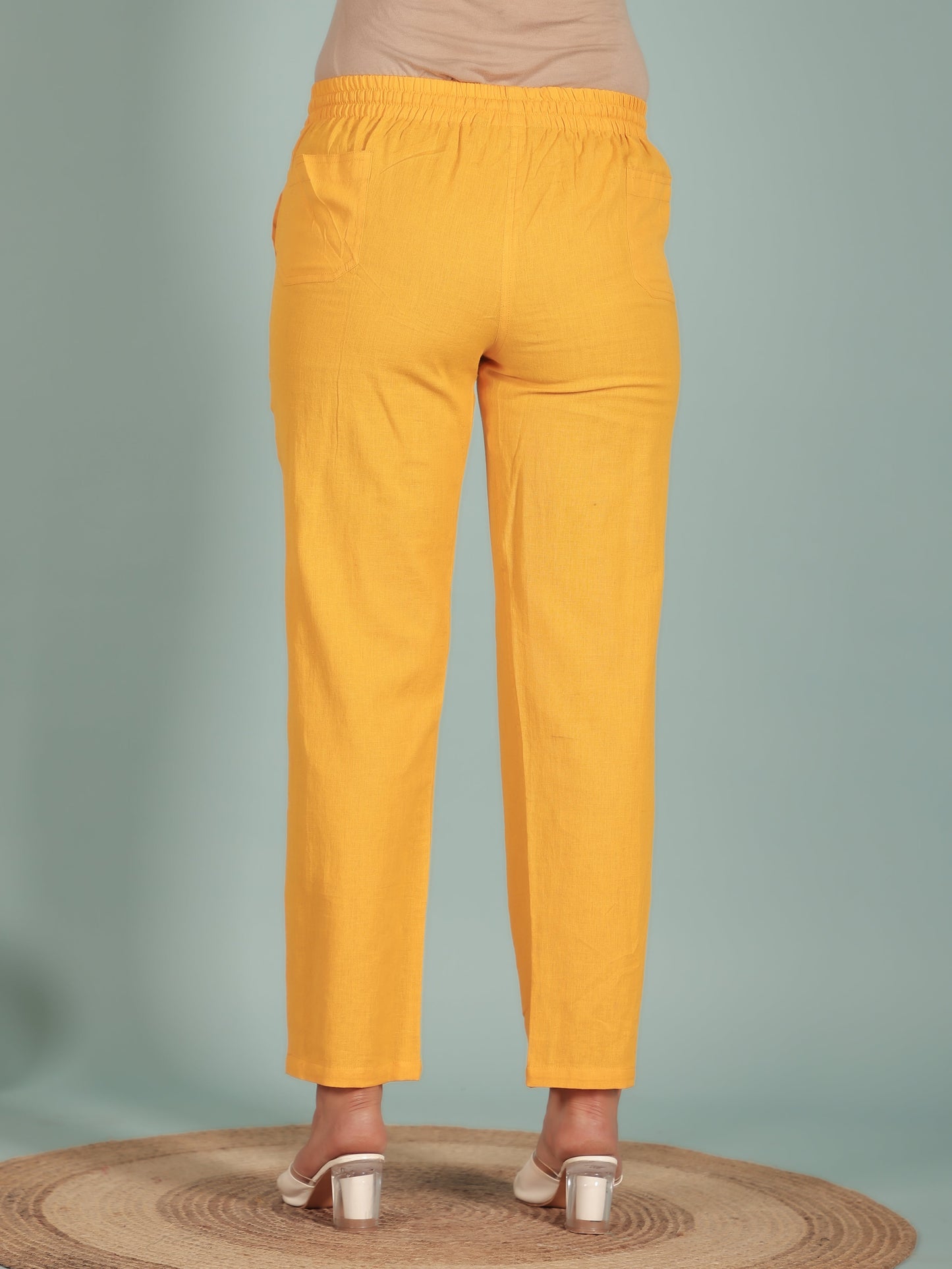 Natural Cotton Solid Yellow Tapered Trousers