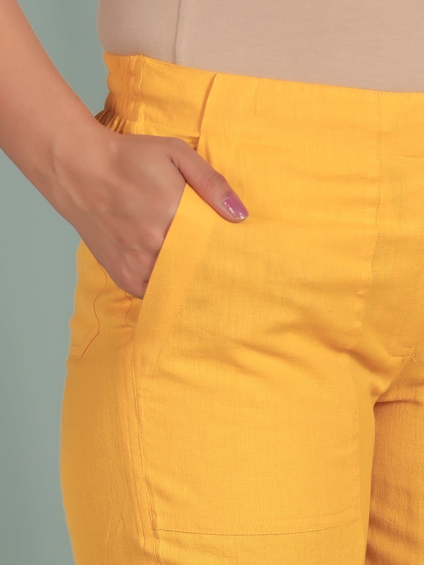 Natural Cotton Solid Yellow Tapered Trousers