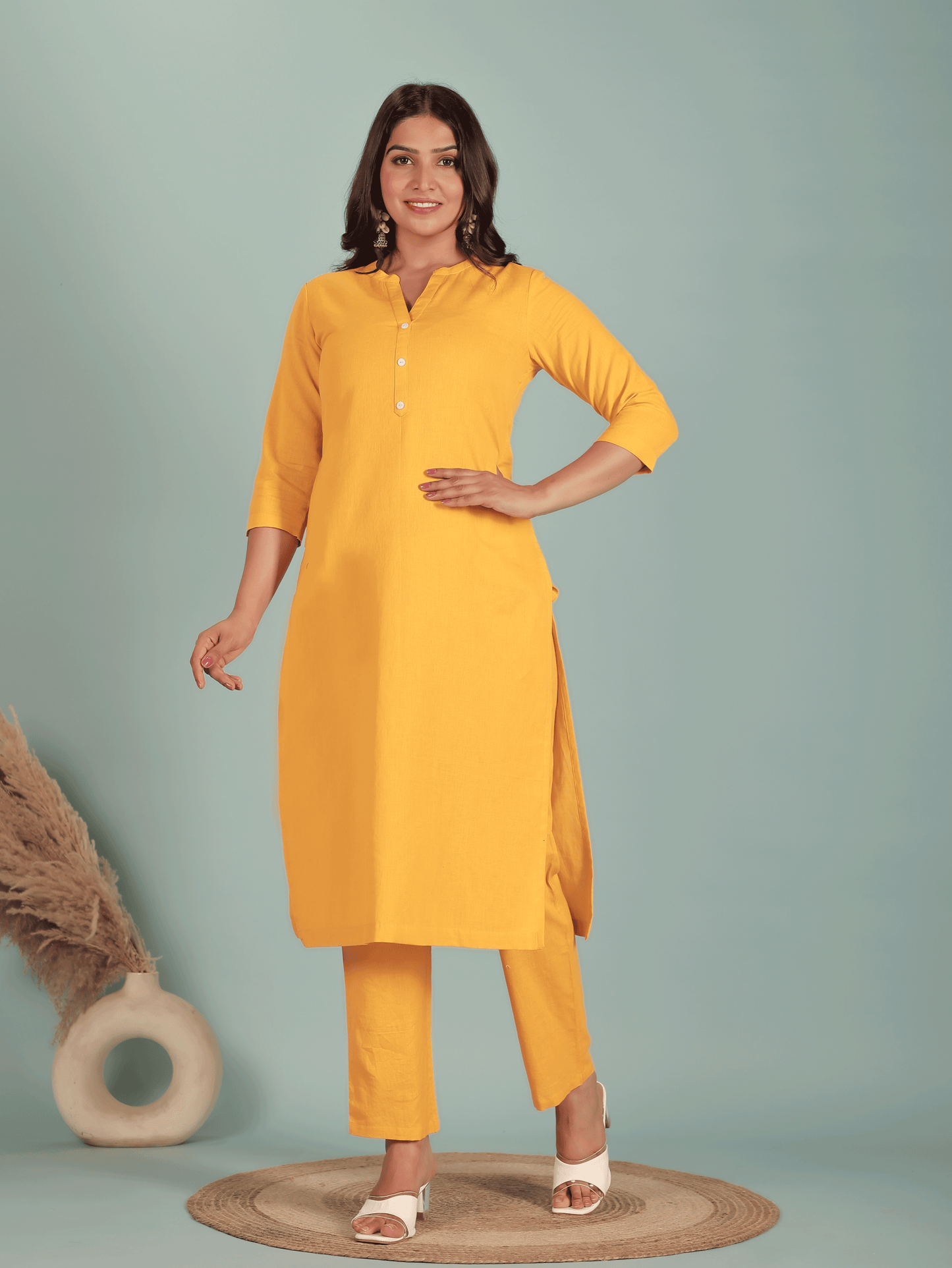 Natural Cotton Solid Straight Yellow Kurta