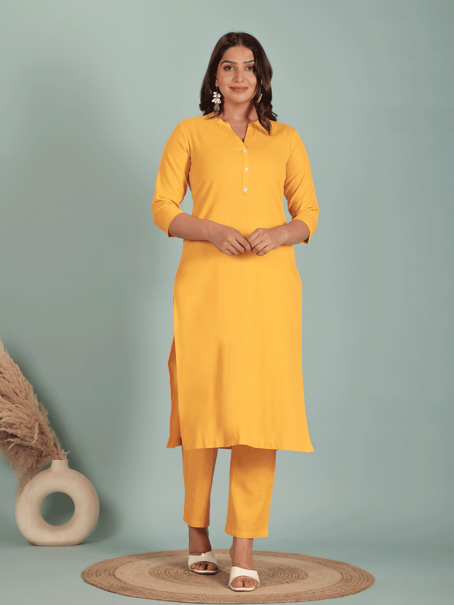Natural Cotton Solid Straight Yellow Kurta