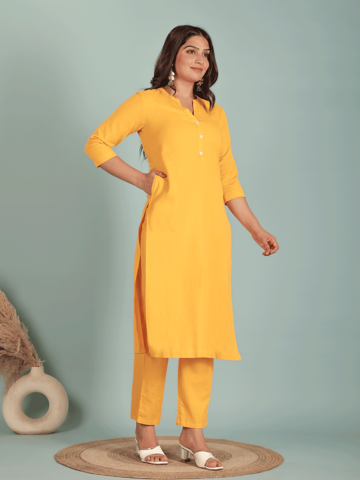 Natural Cotton Solid Straight Yellow Kurta