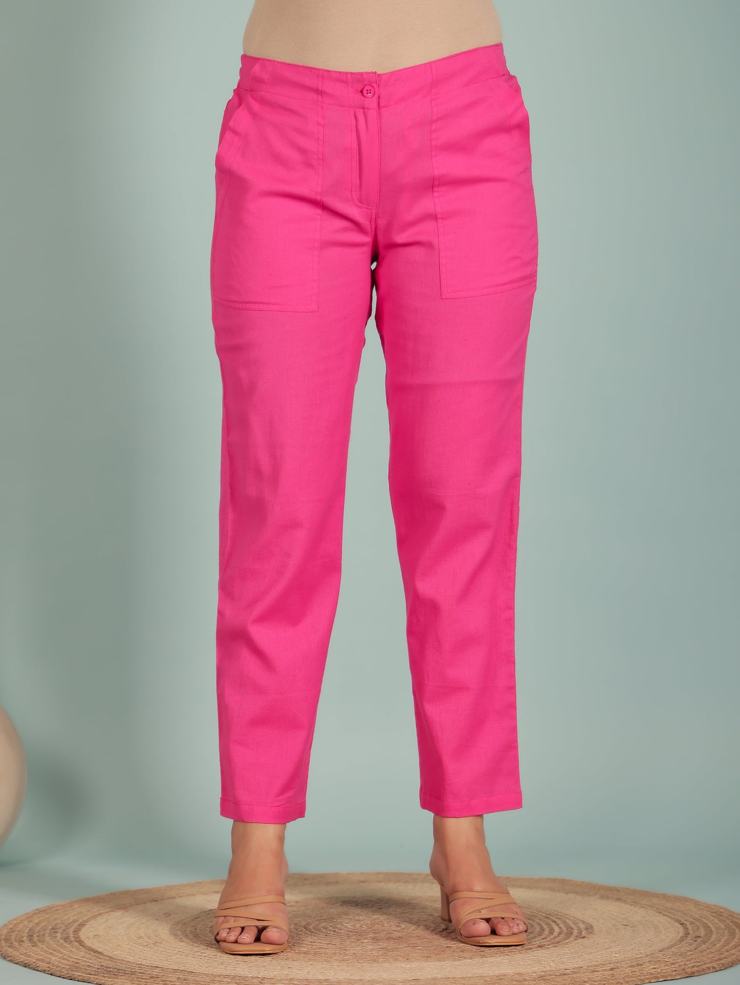 Linen Cotton Solid Pink Tapered Trousers