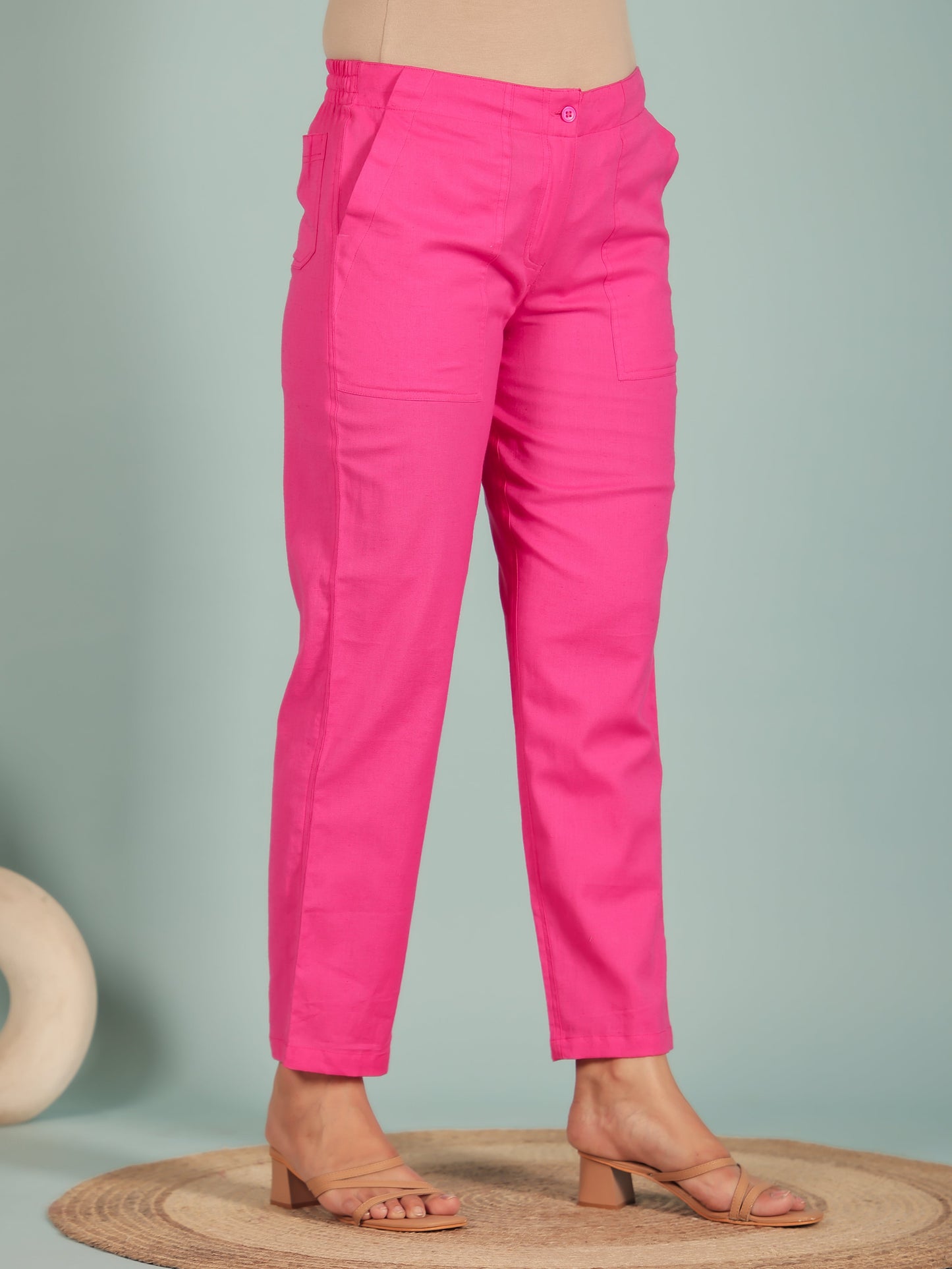 Linen Cotton Solid Pink Tapered Trousers
