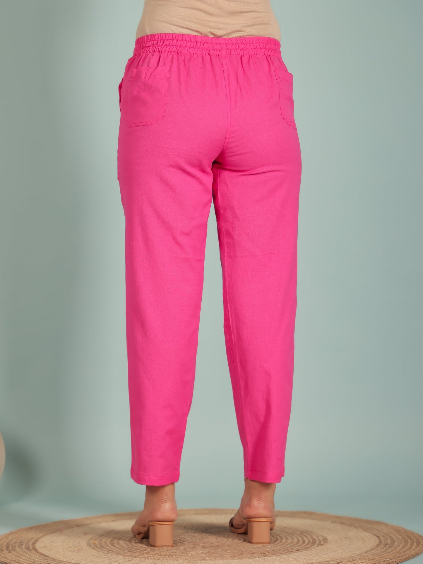 Linen Cotton Solid Pink Tapered Trousers