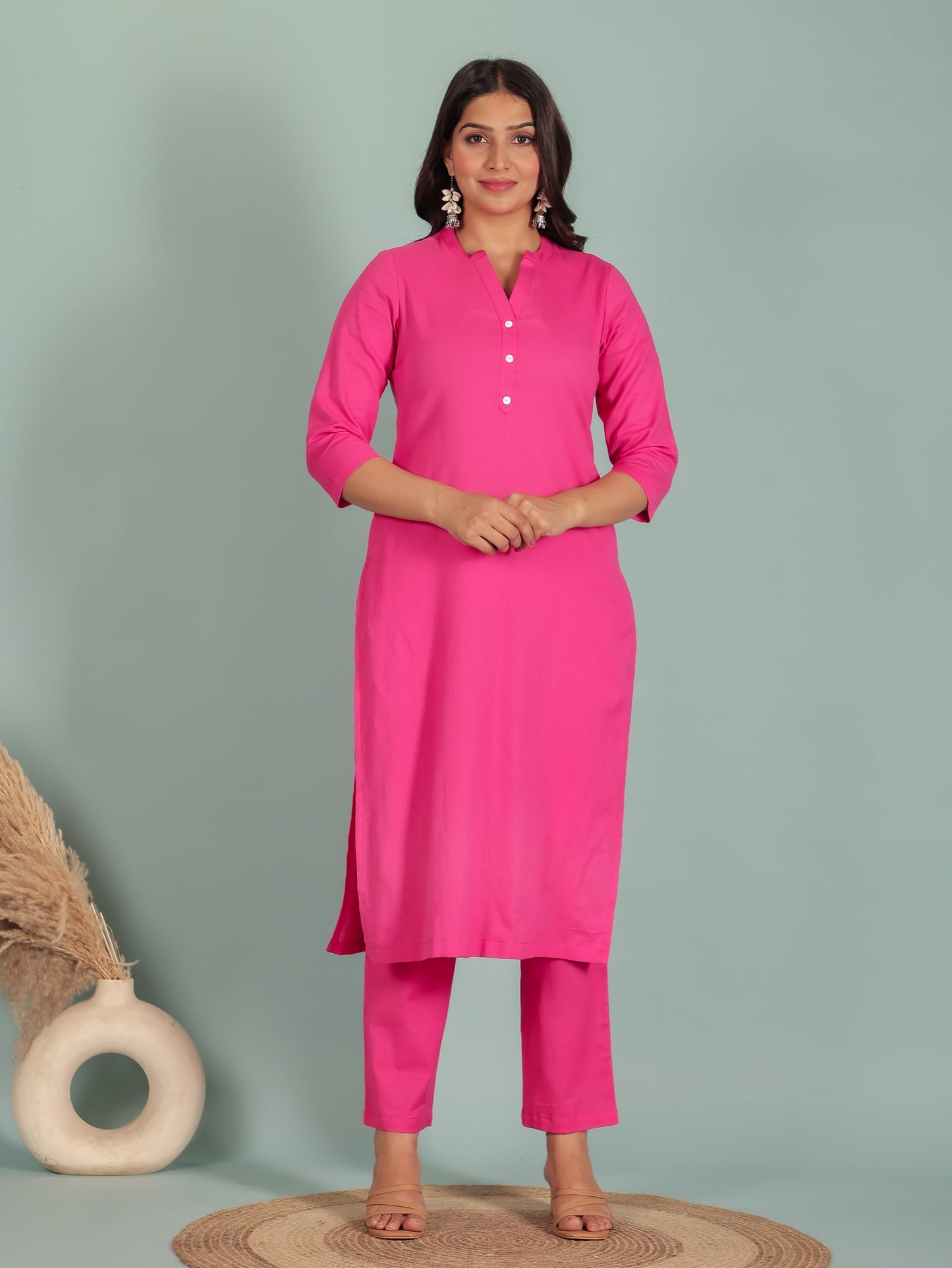 Linen Cotton Solid Straight Pink Kurta