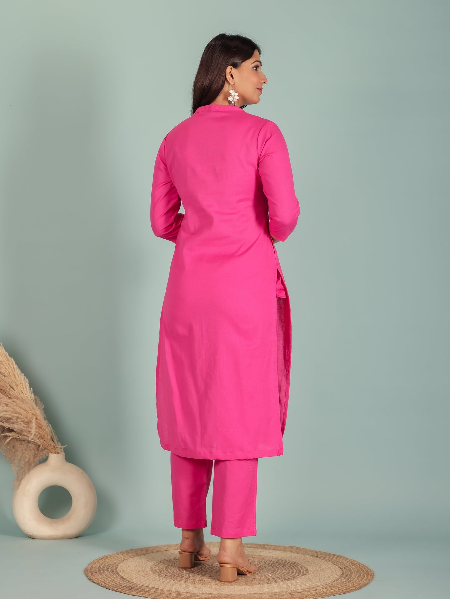 Linen Cotton Solid Straight Pink Kurta