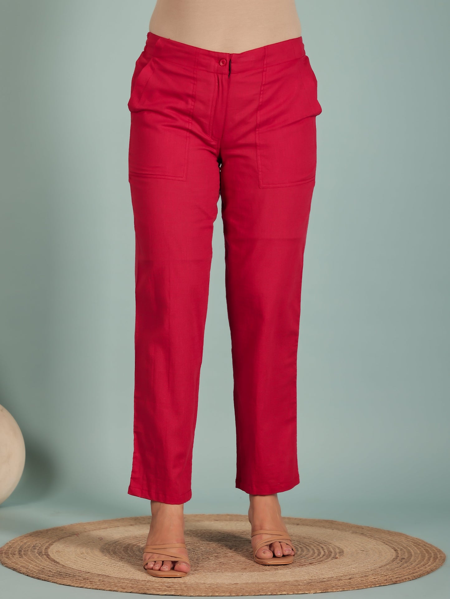 Natural Cotton Solid Red Tapered Trousers
