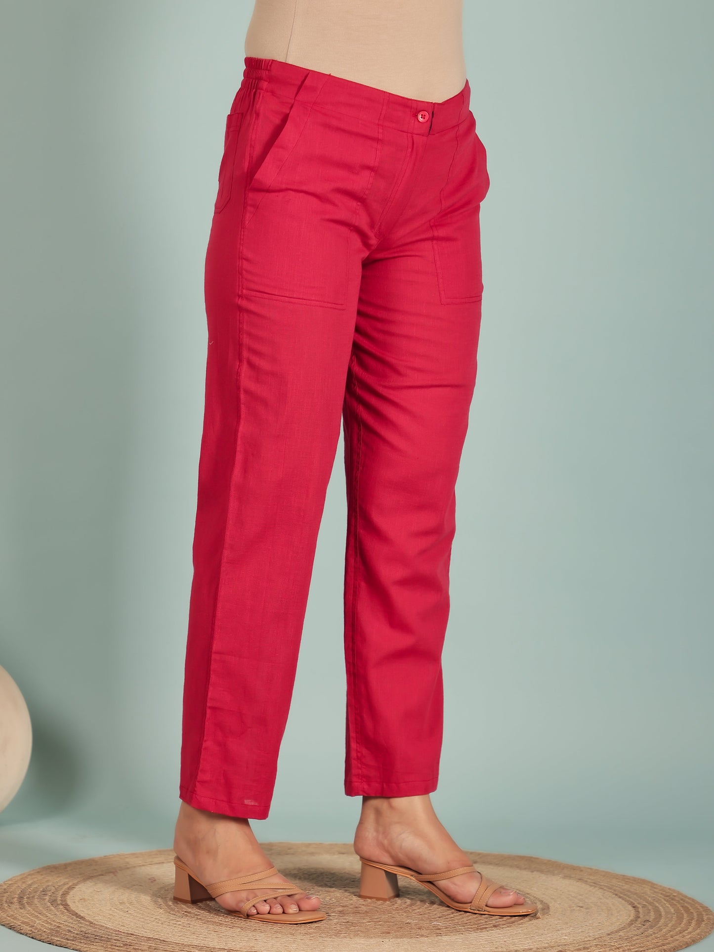 Natural Cotton Solid Red Tapered Trousers
