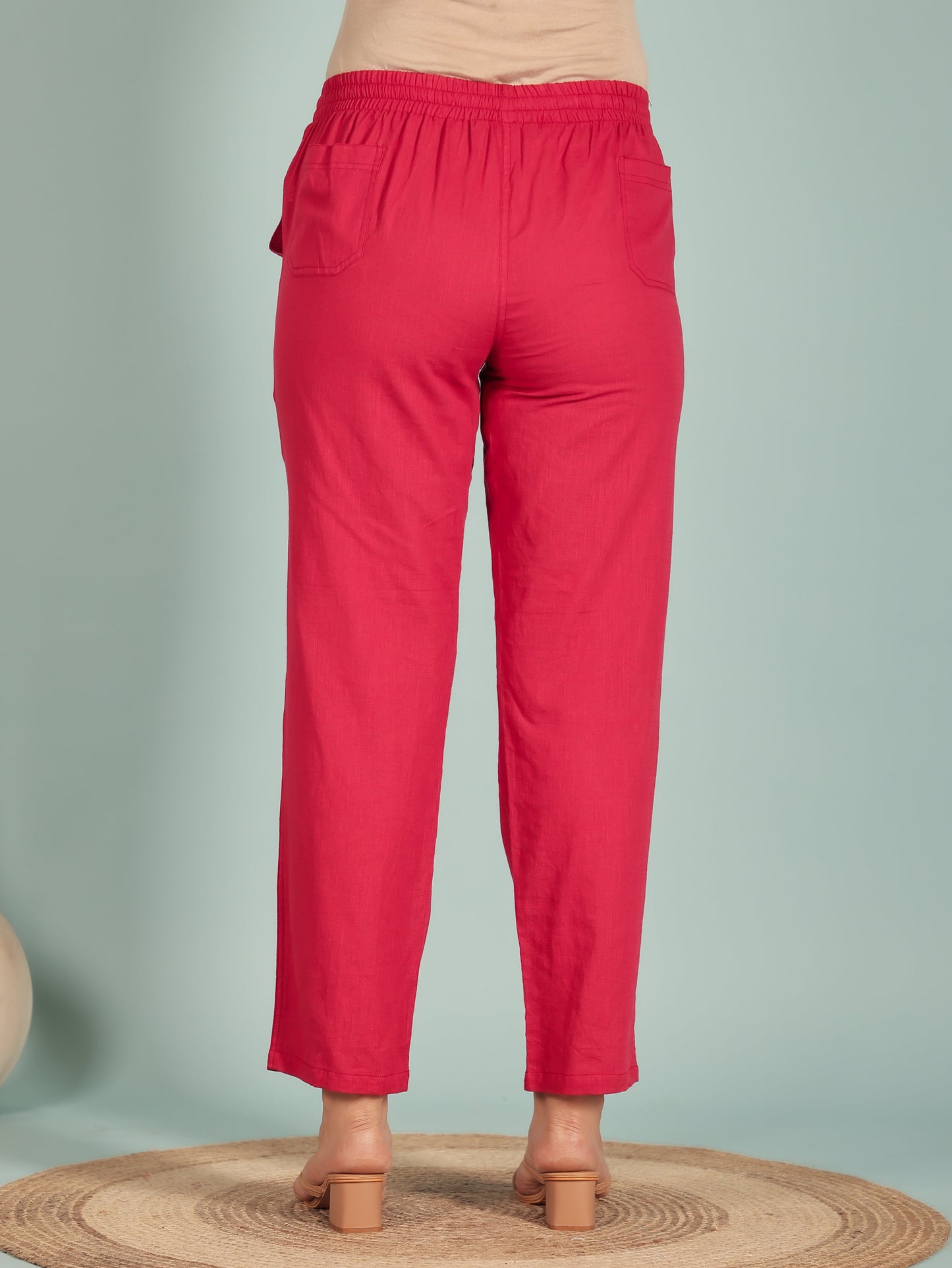 Natural Cotton Solid Red Tapered Trousers