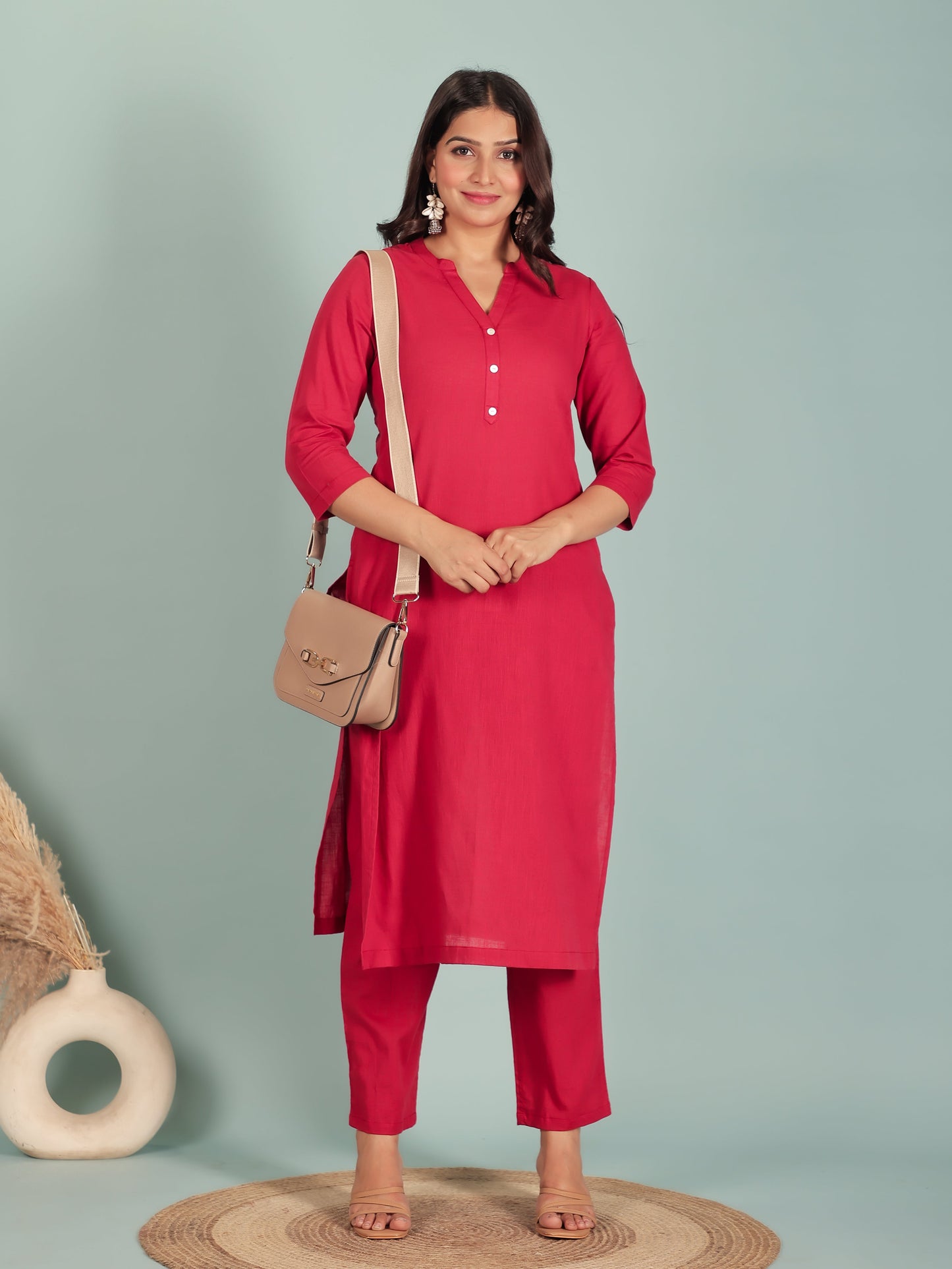 Natural Cotton Solid Straight Red Kurta