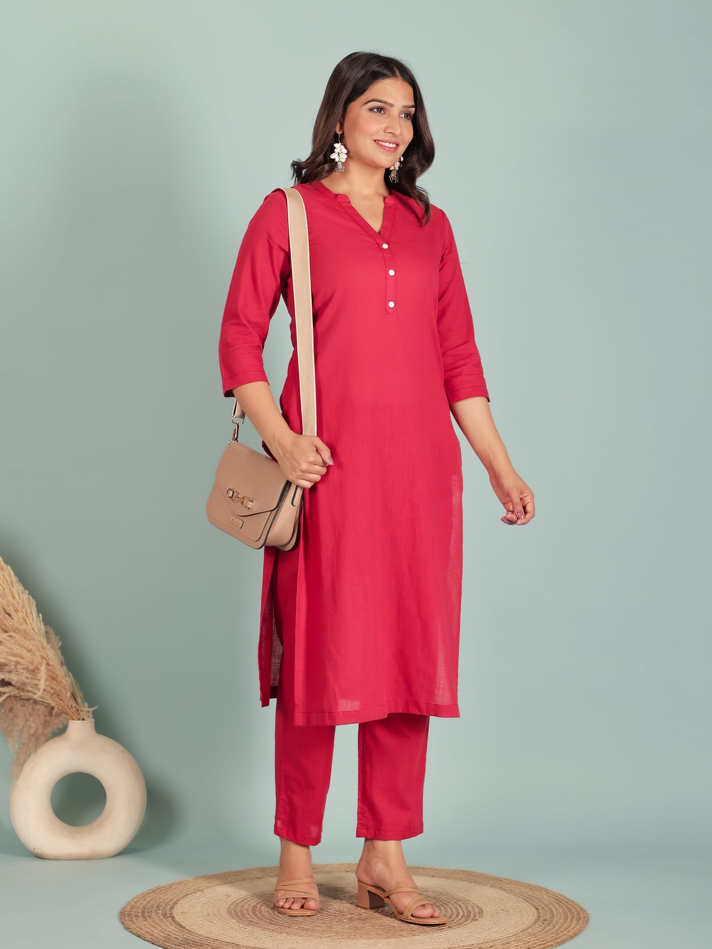 Natural Cotton Solid Straight Red Kurta