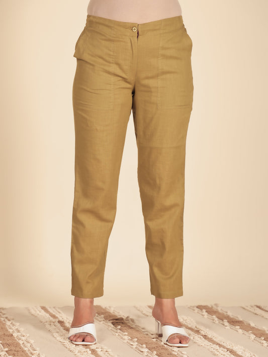 Natural Cotton Solid Green Tapered Trousers