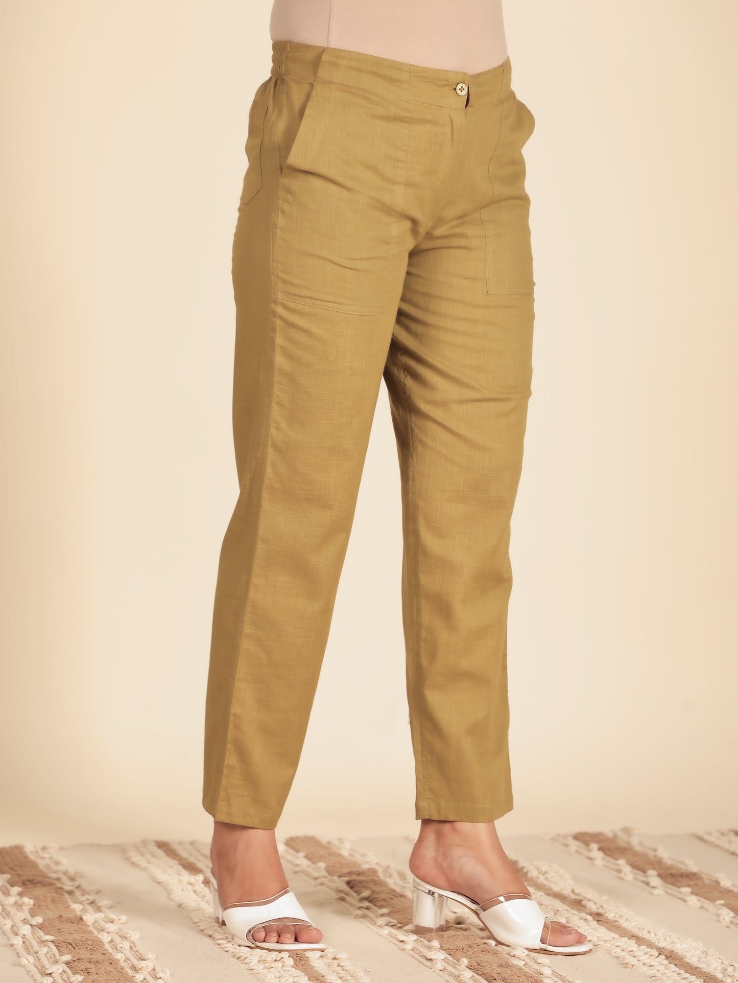 Natural Cotton Solid Green Tapered Trousers