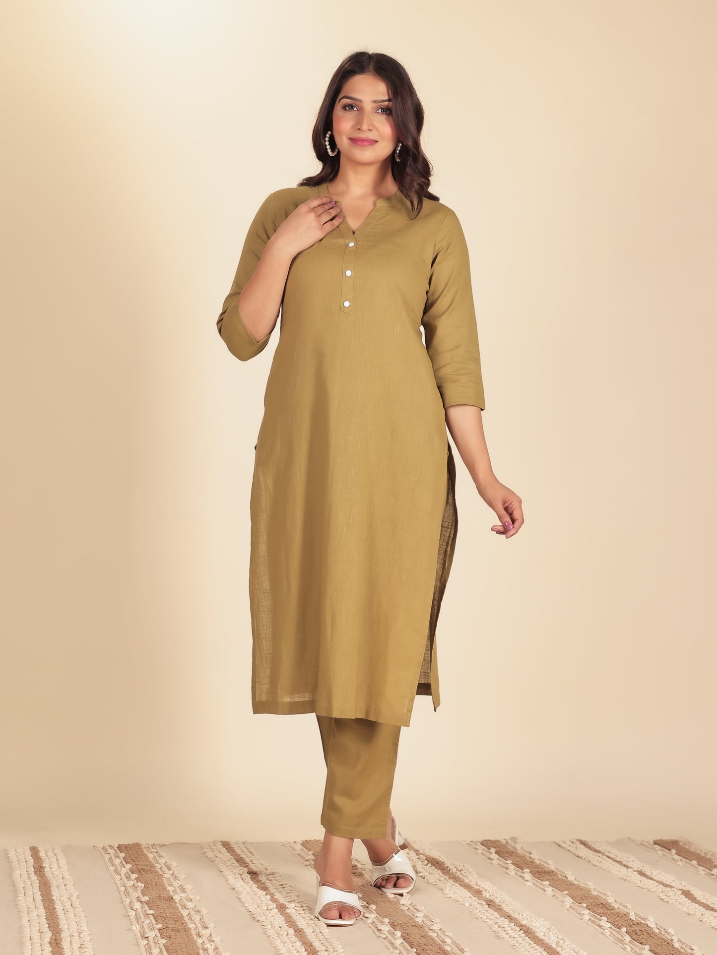 Natural Cotton Solid Straight Green Kurta