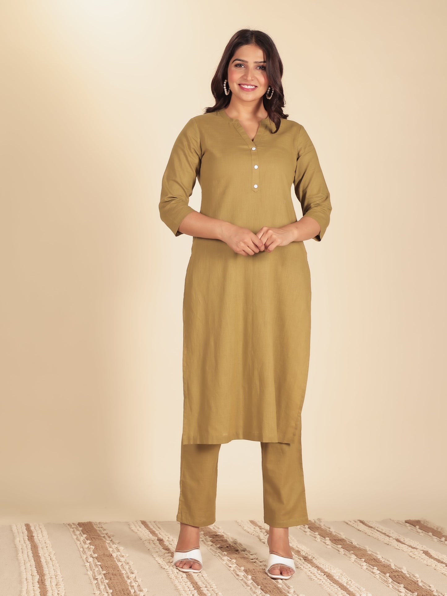 Natural Cotton Solid Straight Green Kurta
