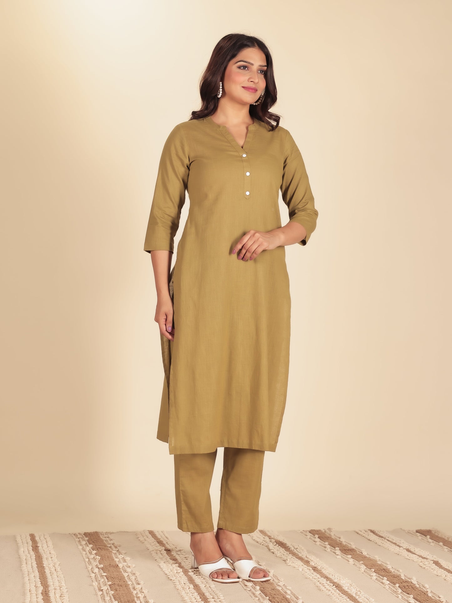 Natural Cotton Solid Straight Green Kurta