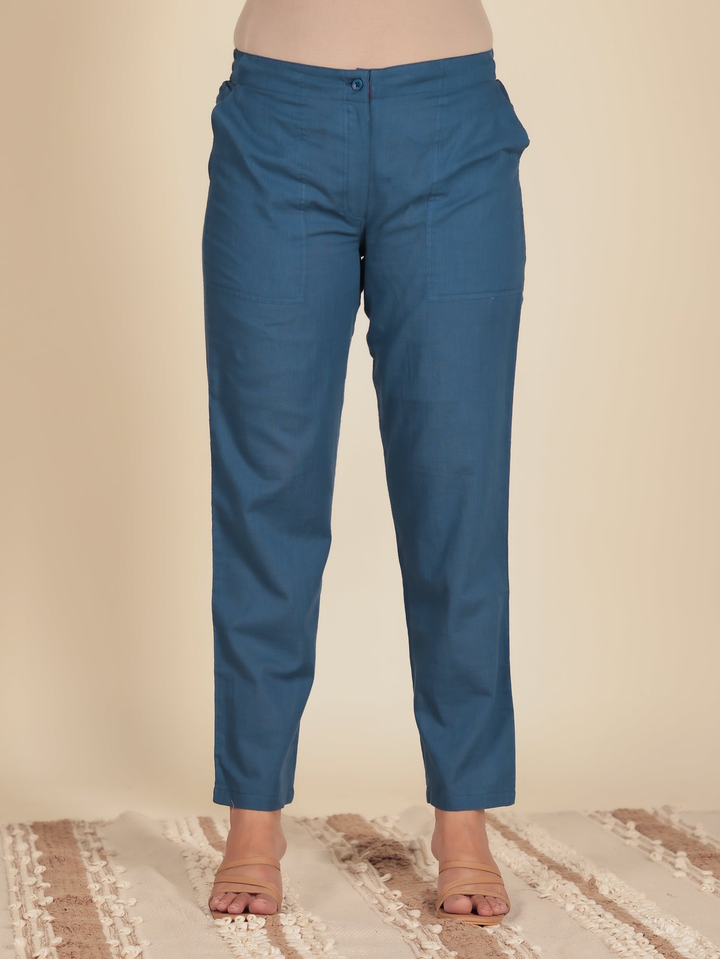 Natural Cotton Solid Blue Tapered Trousers