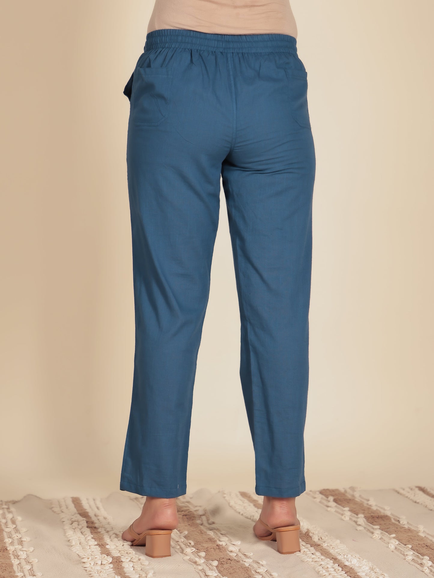 Natural Cotton Solid Blue Tapered Trousers