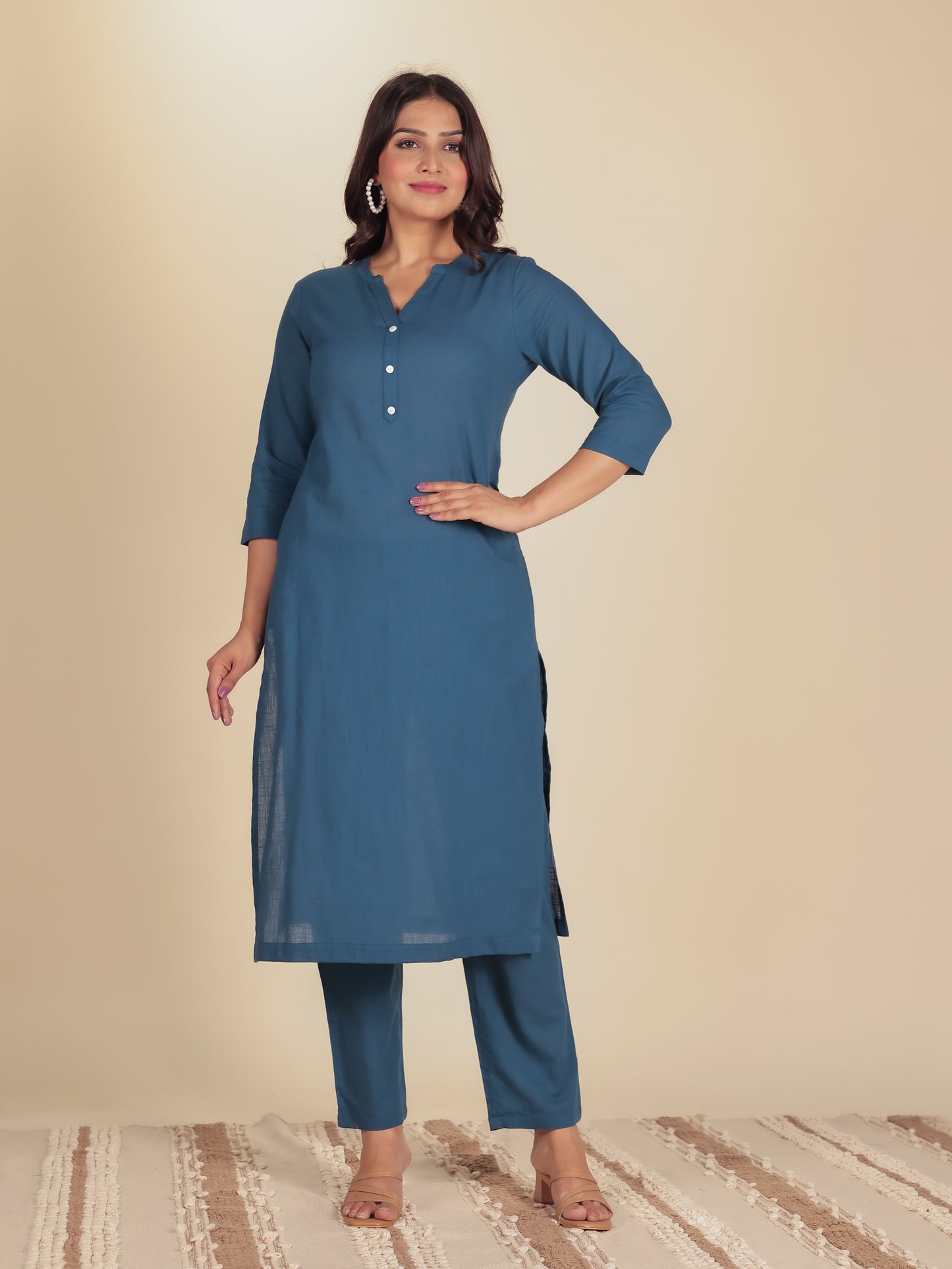 Natural Cotton Solid Straight Blue Kurta