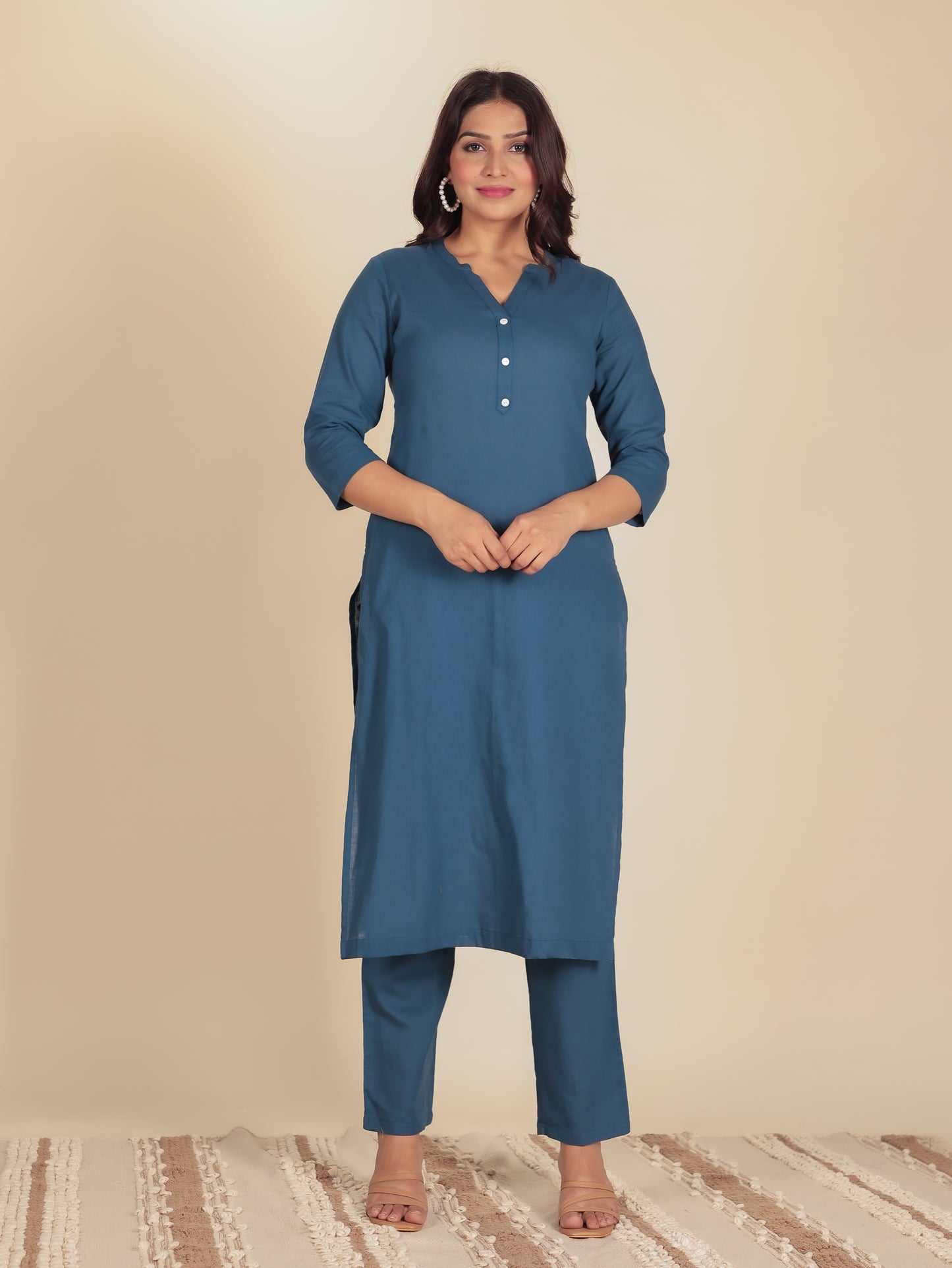 Natural Cotton Solid Straight Blue Kurta