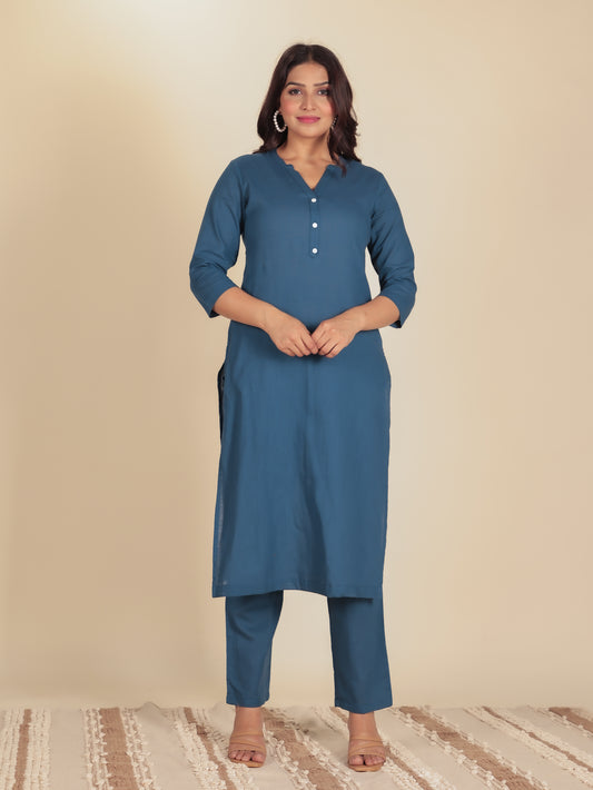 Natural Cotton Solid Straight Blue Kurta