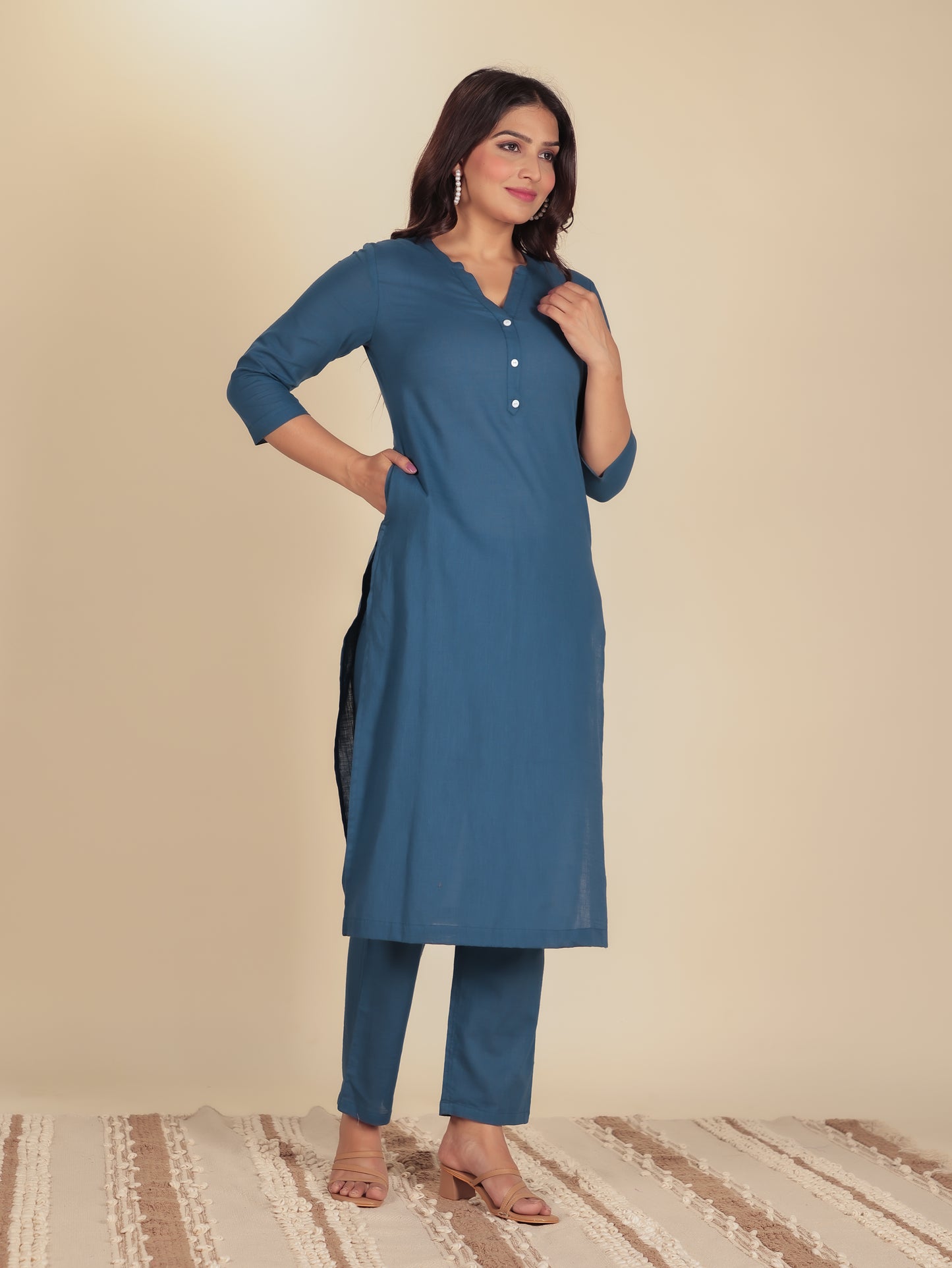 Natural Cotton Solid Straight Blue Kurta