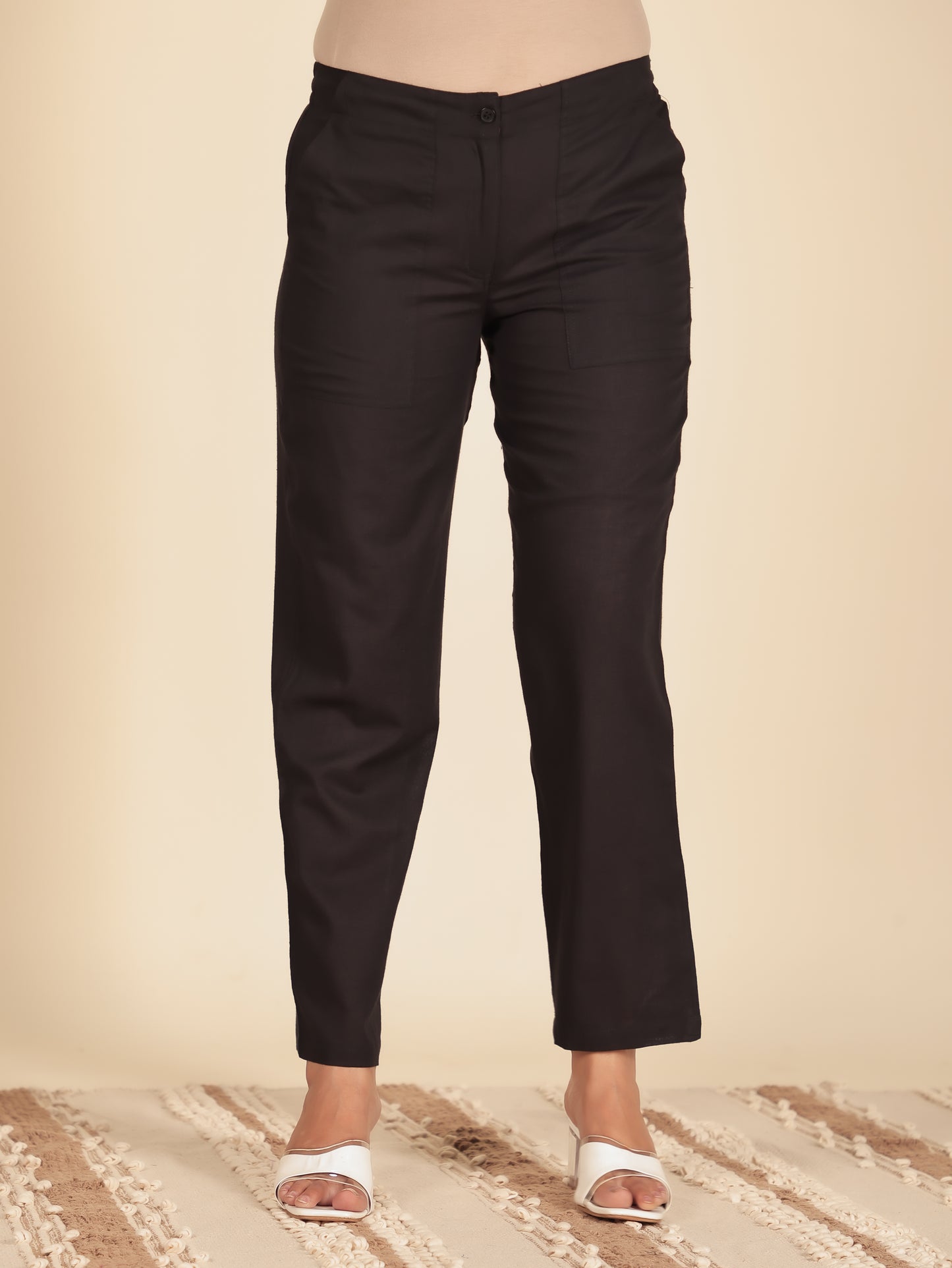 Natural Cotton Solid Black Tapered Trousers