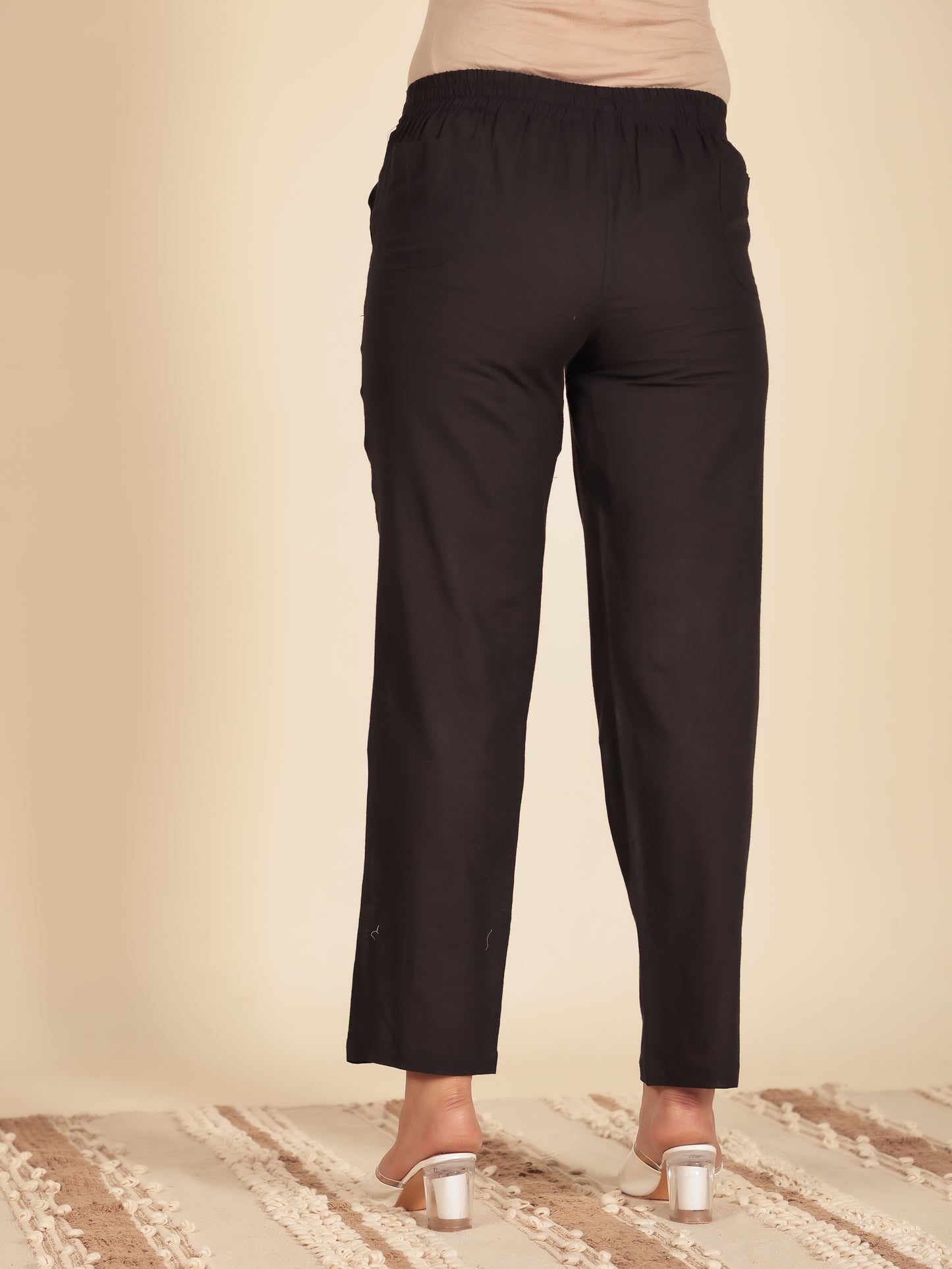 Natural Cotton Solid Black Tapered Trousers