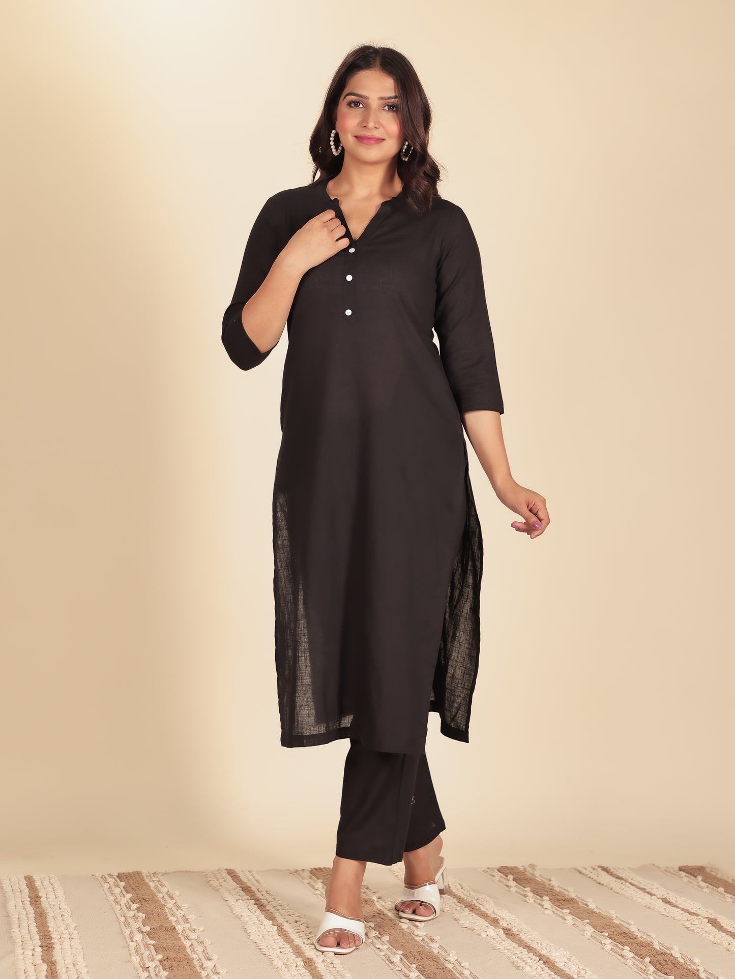 Natural Cotton Solid Straight Black Kurta