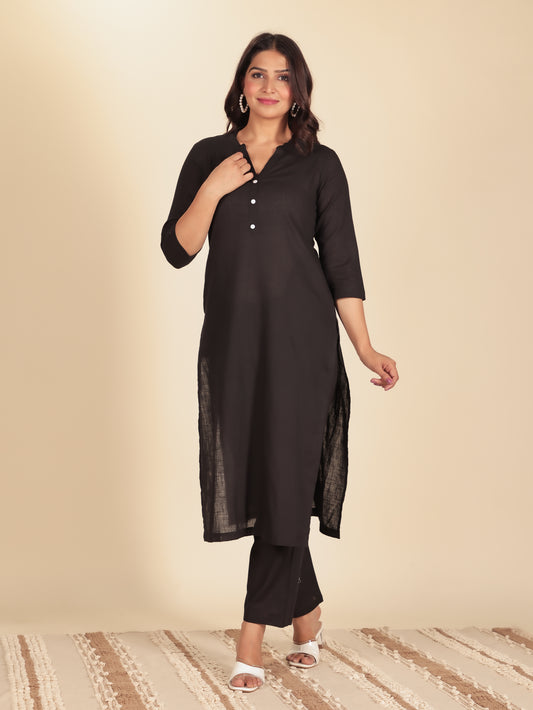 Natural Cotton Solid Straight Black Kurta