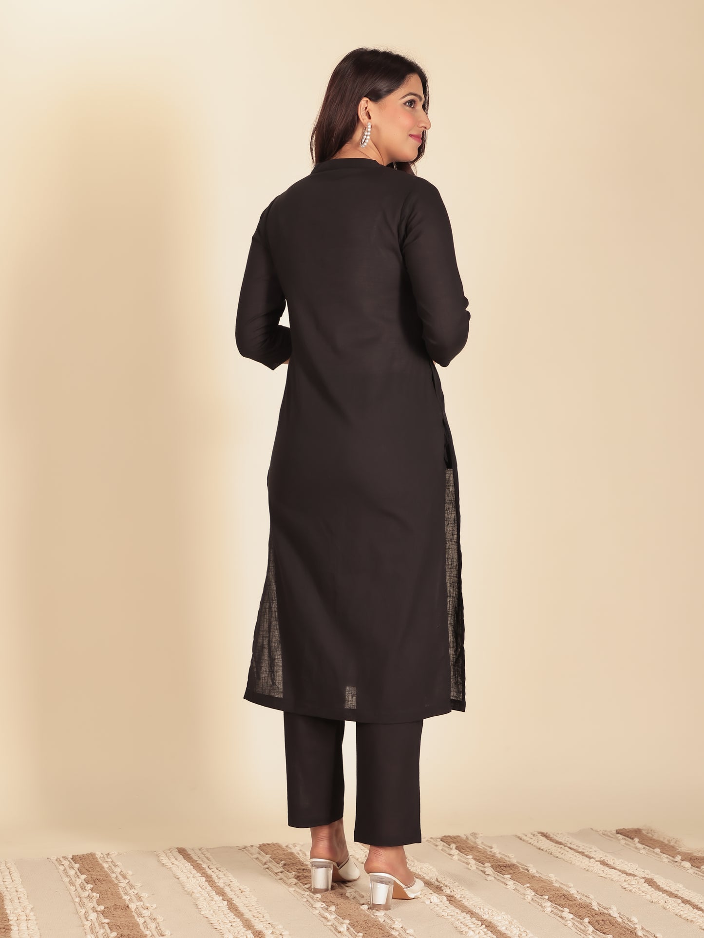 Natural Cotton Solid Straight Black Kurta