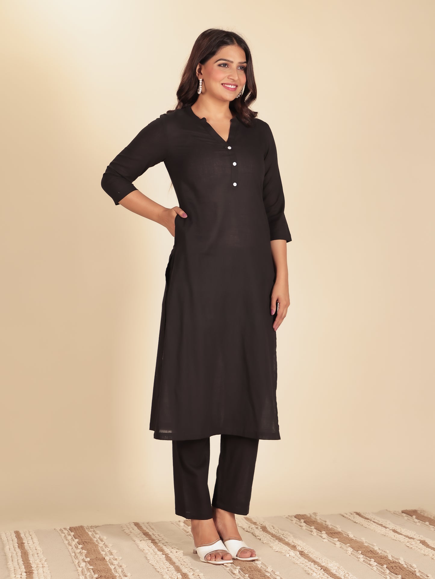 Natural Cotton Solid Straight Black Kurta