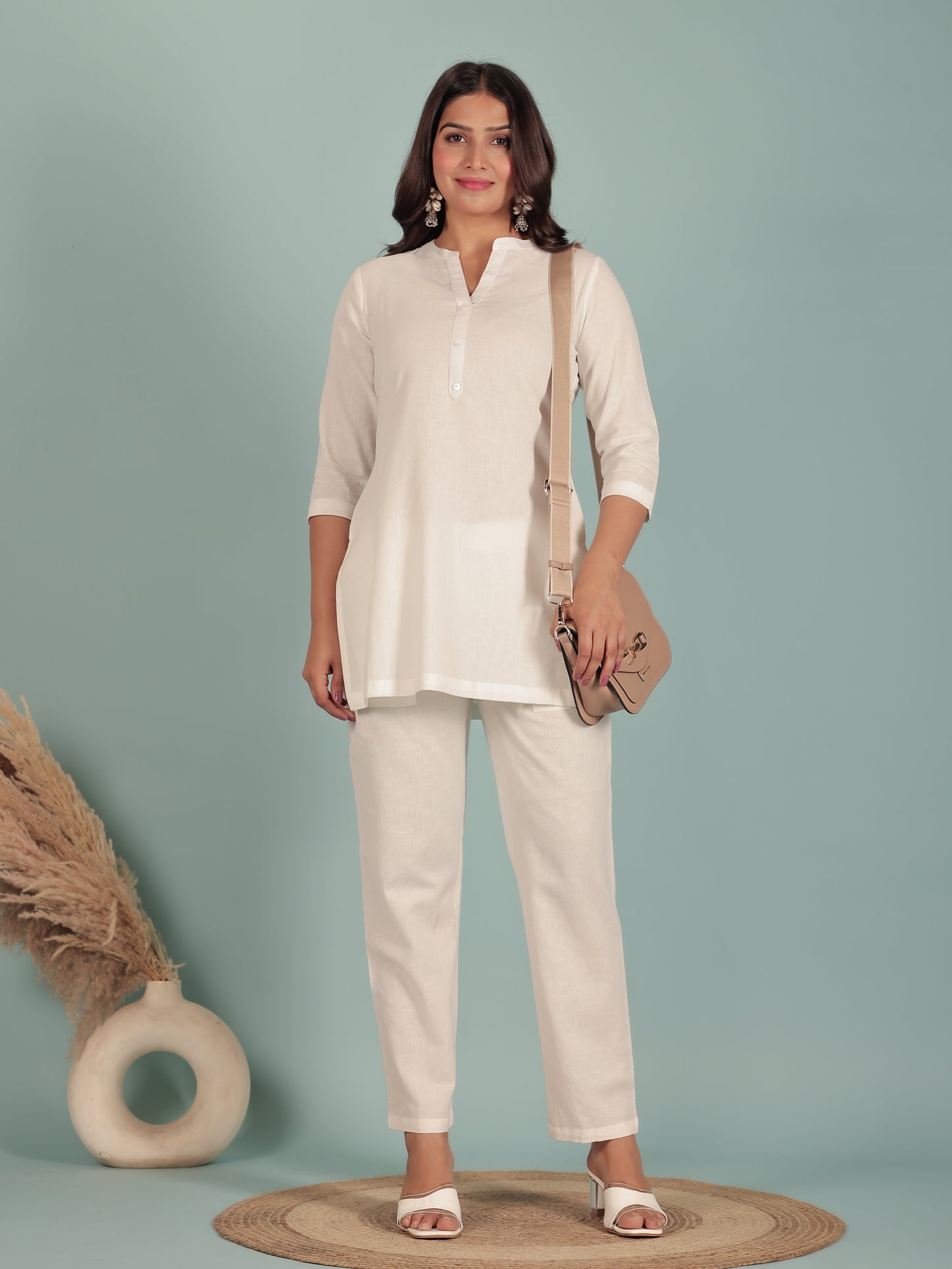 Linen Cotton Solid Straight White Kurti