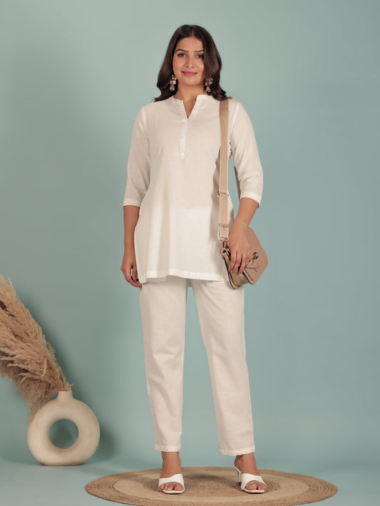 Linen Cotton Solid Straight White Kurti