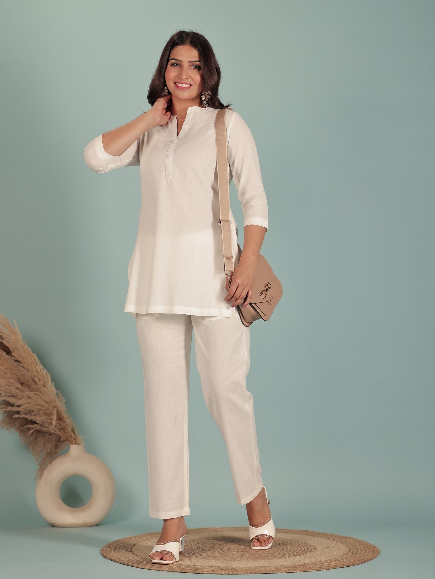 Linen Cotton Solid Straight White Kurti