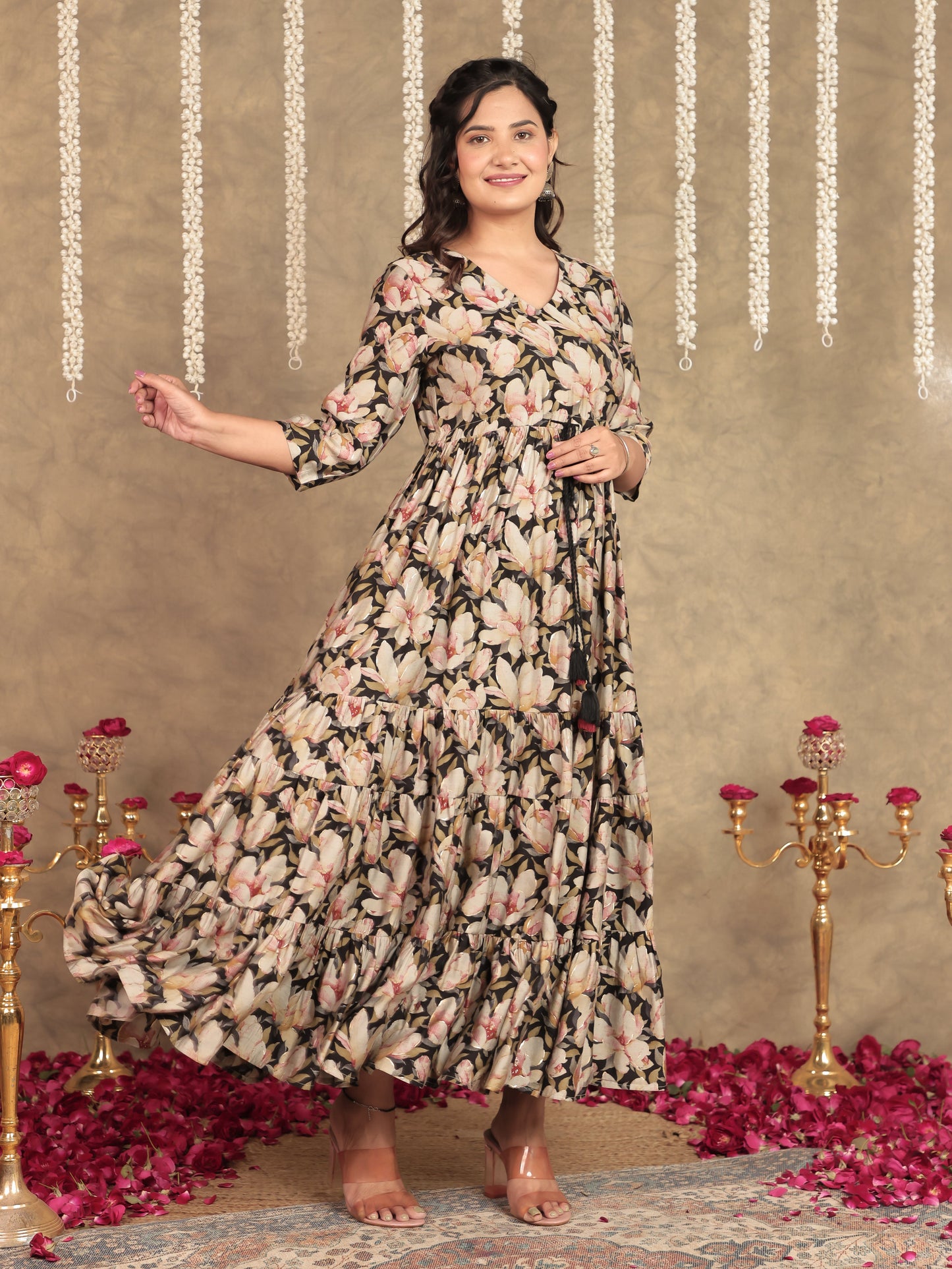 Muslin Floral Anarkali Black Dress