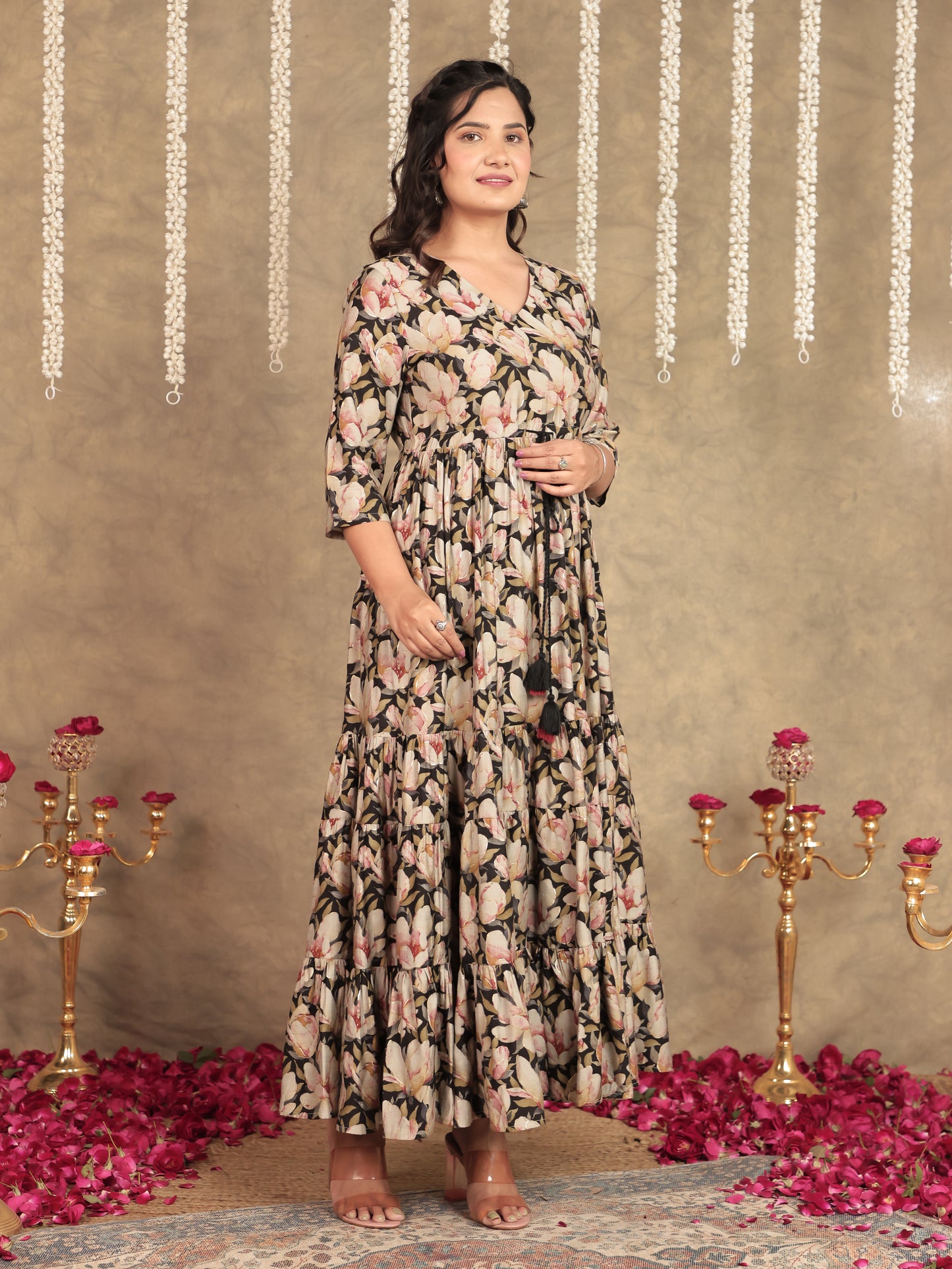 Muslin Floral A-line Black Kurta