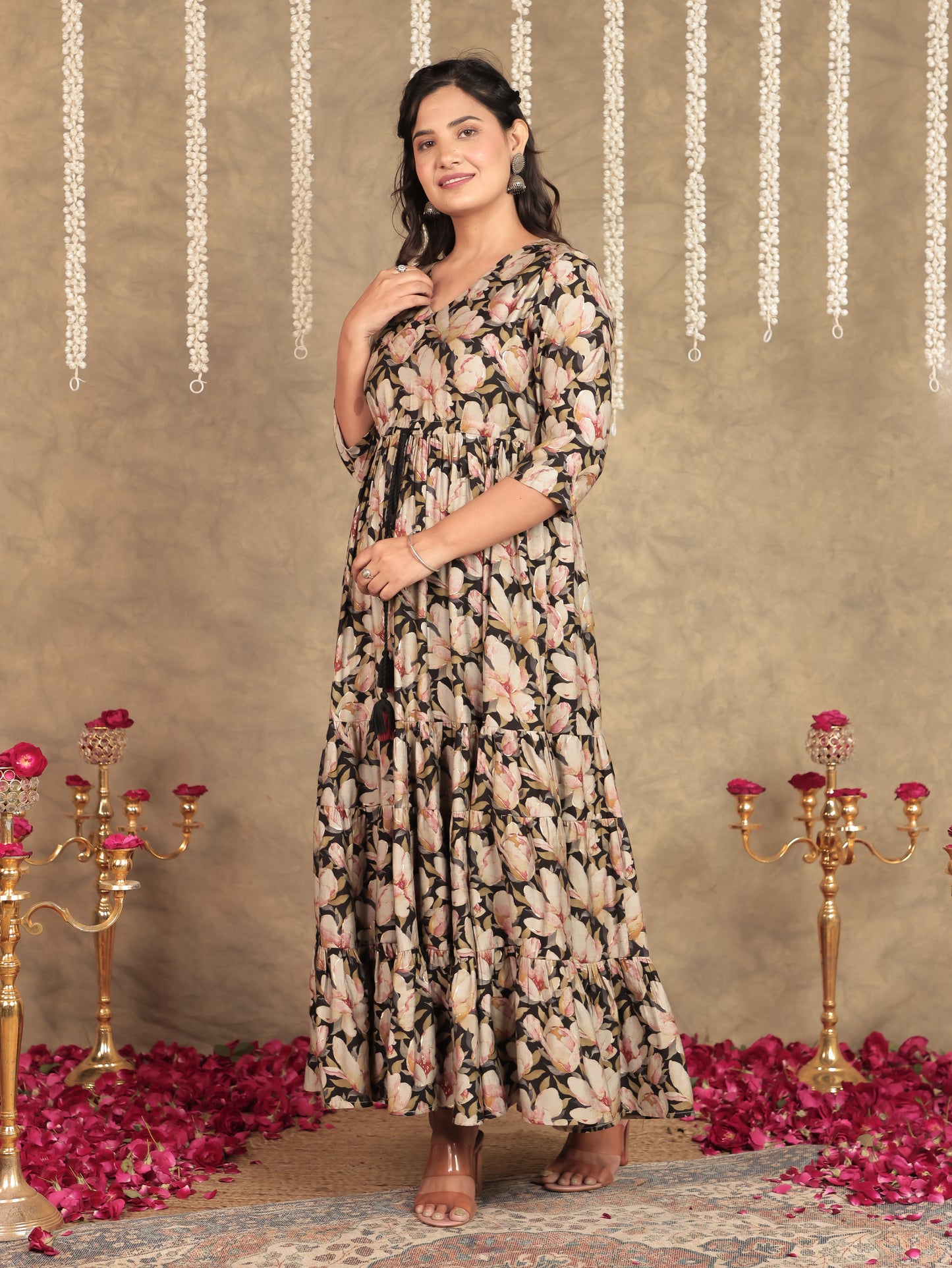 Muslin Floral A-line Black Kurta