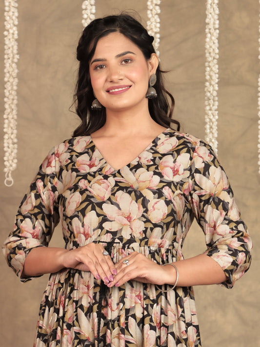 Muslin Floral A-line Black Kurta